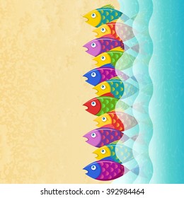 Fish on the beach. Vector beach background. Fish background.  Sea and fish. Summer beach. Sea waves back.