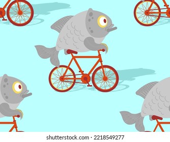 Fish on bike Pattern seamless. Carp on bicycle Cartoon Background. Baby fabric texture