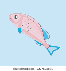  fish on a blue background pink fish with blue fins icon. Cartoon illustration of pink fish with blue fins icon for web.funny fish cartoon