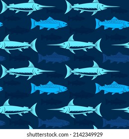 Fish on a blue background, seamless pattern, texture for fabric design, wallpaper and tile, vector illustration