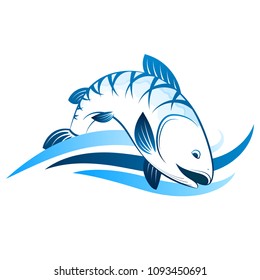 Fish on blue wave symbol for fishing