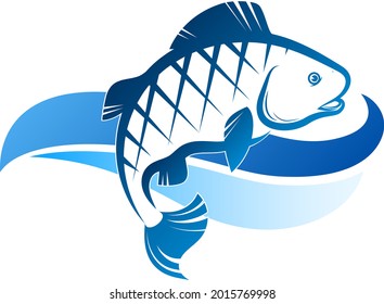 Fish on blue wave symbol for fishing and food