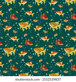 Fish on a colored background.Vector seamless pattern with fish and bubbles on a colored background.