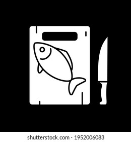 Fish on cutting board dark mode glyph icon. Salmon preparation. Fresh codfish. Prepare cafe dinner. Cook tuna. Home cookery. White silhouette symbol on black space. Vector isolated illustration