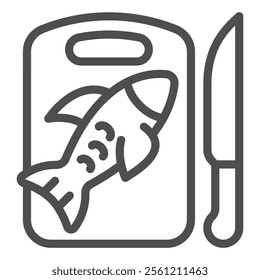 Fish on cutting board and knife line icon, fishery cooking concept. Vector graphics. Fresh fish sign on white background, outline style icon for mobile or web design