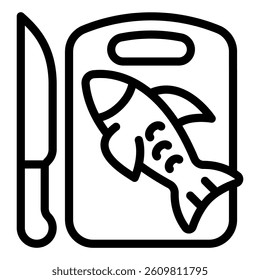 Fish on cutting board and knife line icon, fishery cooking concept. Vector graphics. Fresh fish sign on white background, style mobile or design