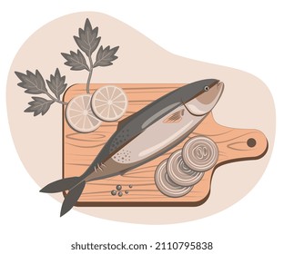 Fish on a cutting board with lemon and spices. Food illustration