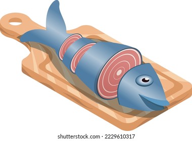 Pescado en una tabla de despiece. Estilo isométrico vector 3d, ilustración de icono de color. Idea de diseño creativo y elementos de infografía.