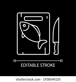 Fish on cutting board white linear icon for dark theme. Salmon preparation. Cook tuna. Thin line customizable illustration. Isolated vector contour symbol for night mode. Editable stroke