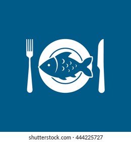 Fish On Dish With Fork And Knife Flat Icon On Blue Background