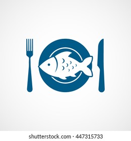 Fish On Dish With Fork And Knife Blue Flat Icon On White Background
