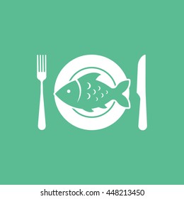 Fish On Dish With Fork And Knife Flat Icon On Green Background