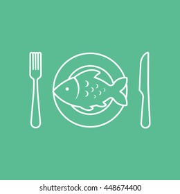 Fish On Dish With Fork And Knife Line Icon On Green Background