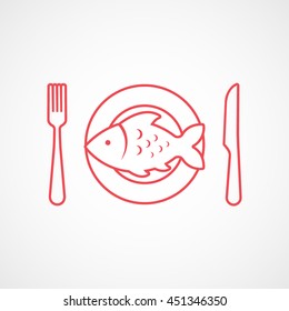 Fish On Dish With Fork And Knife Red Line Icon On White Background