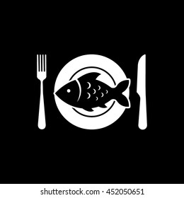 Fish On Dish With Fork And Knife Flat Icon On Black Background