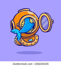 Fish On Diver Helmet Cartoon Vector Icon Illustration. Animal Nature Icon Concept Isolated Premium Vector. Flat Cartoon Style