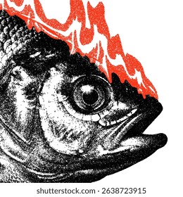 fish on fire, retro stipple effect, burning fish in halftone style, grunge illustration