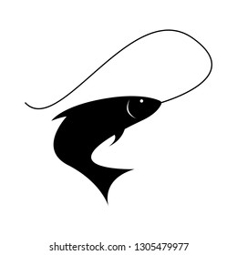 Fish on the fishing line, black on white background, vector