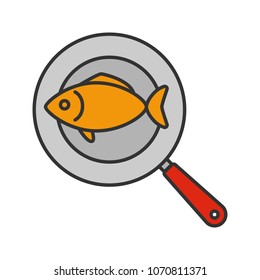 Fish on frying pan color icon. Isolated vector illustration