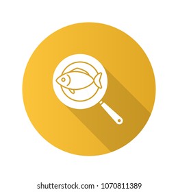 Fish on frying pan flat design long shadow glyph icon. Vector silhouette illustration