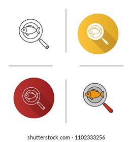 Fish on frying pan icon. Flat design, linear and color styles. Isolated vector illustrations