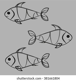 Fish on a gray background 
Image of three black and white fish on a gray background abstract fish
