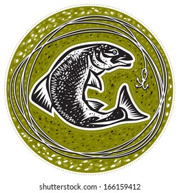 Fish on a green background surrounded by fishing line with a hook
