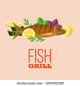 Fish on the grill. Appetizing trout with lemon on the grill. Vector illustration, emblem. Isolated on white background.