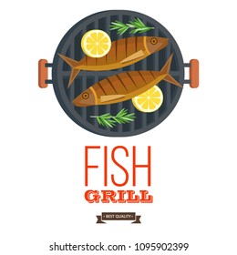 Fish on the grill. Appetizing trout with lemon on the grill. Vector illustration, emblem. Isolated on white background.