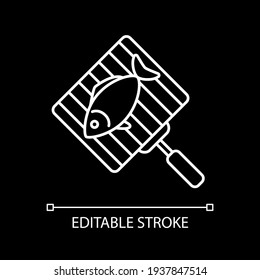 Fish on grill grate white linear icon for dark theme. Barbecue seafood. Roasting tuna. Thin line customizable illustration. Isolated vector contour symbol for night mode. Editable stroke