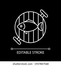 Fish on grill grate white linear icon for dark theme. Tuna barbecue. Roasting salmon. Cooked food. Thin line customizable illustration. Isolated vector contour symbol for night mode. Editable stroke