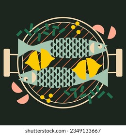 Fish on the grill. Whole fish with lemon and garlic for baking. Abstract healthy seafood with herbs for cooking. Geometric modern illustrations with seafood recipe.