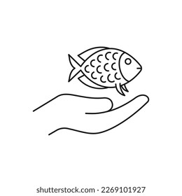 Fish on hand icon line style isolated on white background. Vector illustration