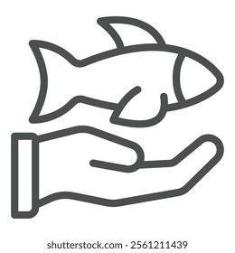 Fish on hand palm line icon, fishery product concept. Vector graphics. Fresh fish with hand sign on white background, outline style icon for mobile or web design