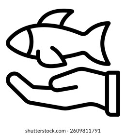 Fish on hand palm line icon, fishery product concept. Vector graphics. Fresh fish with hand sign on white background, style mobile or design