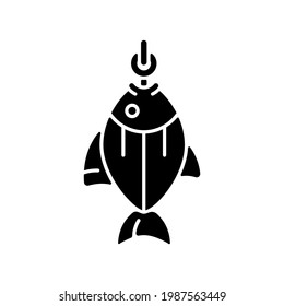 Fish on hook black glyph icon. Fishing tournament. Anglers trophy. Sea food restoration. Commercial fishing process. Active rest. Silhouette symbol on white space. Vector isolated illustration