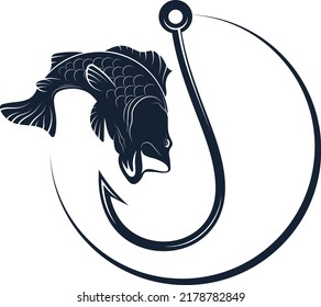 Fish on a hook with a fishing line. Symbol for sport fishing and hobby