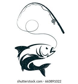 Fish on hook and fishing rod silhouette vector