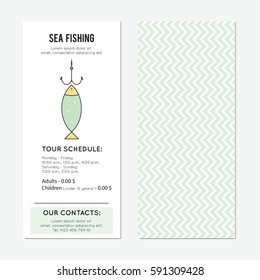 Fish on the hook. Fishing vector vertical banner template. The tour announcement. For travel agency products, tour brochure, excursion banner. Simple mono linear modern design.