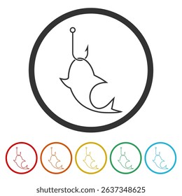 Fish on hook icon. Set icons in color circle buttons