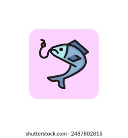 Fish on hook line icon. Catching, hanging, success. Fishing concept. Vector illustration can be used for topics like nature, wildlife, spinning