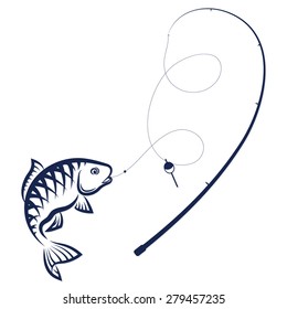 Fish on the hook and rod silhouette vector