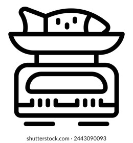 Pescado en la escala de la cocina icono de contorno vector. Pesaje de alimentos. Masa del producto de medición