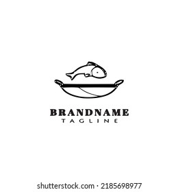 peces en un logotipo de sartén caricatura plantilla de diseño icono negro vector aislado