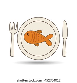 fish on plate with fork and knife, vector illustration