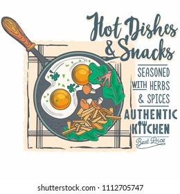 Fish on a plate, Glass of wine, advertising sign on a white background, authentic cuisine, lettering, illustration, vector
