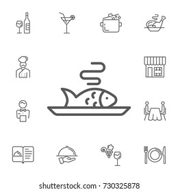 Fish on plate icon on the white background. Simple Set of restaurant Vector Line Icons.