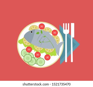 Pescado en una placa, ilustración, vector sobre fondo blanco.