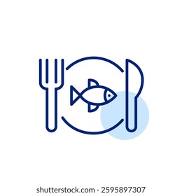 Fish on plate, knife and fork. Seafood store or restaurant. Pixel perfect, editable stroke vector icon
