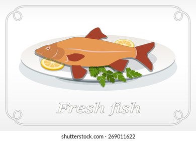 Fish on plate with lemon and parsley icon. Seafood dish symbol. Cyprinidae family. Fresh fish color sign with red fins on gray background. Vector isolated.